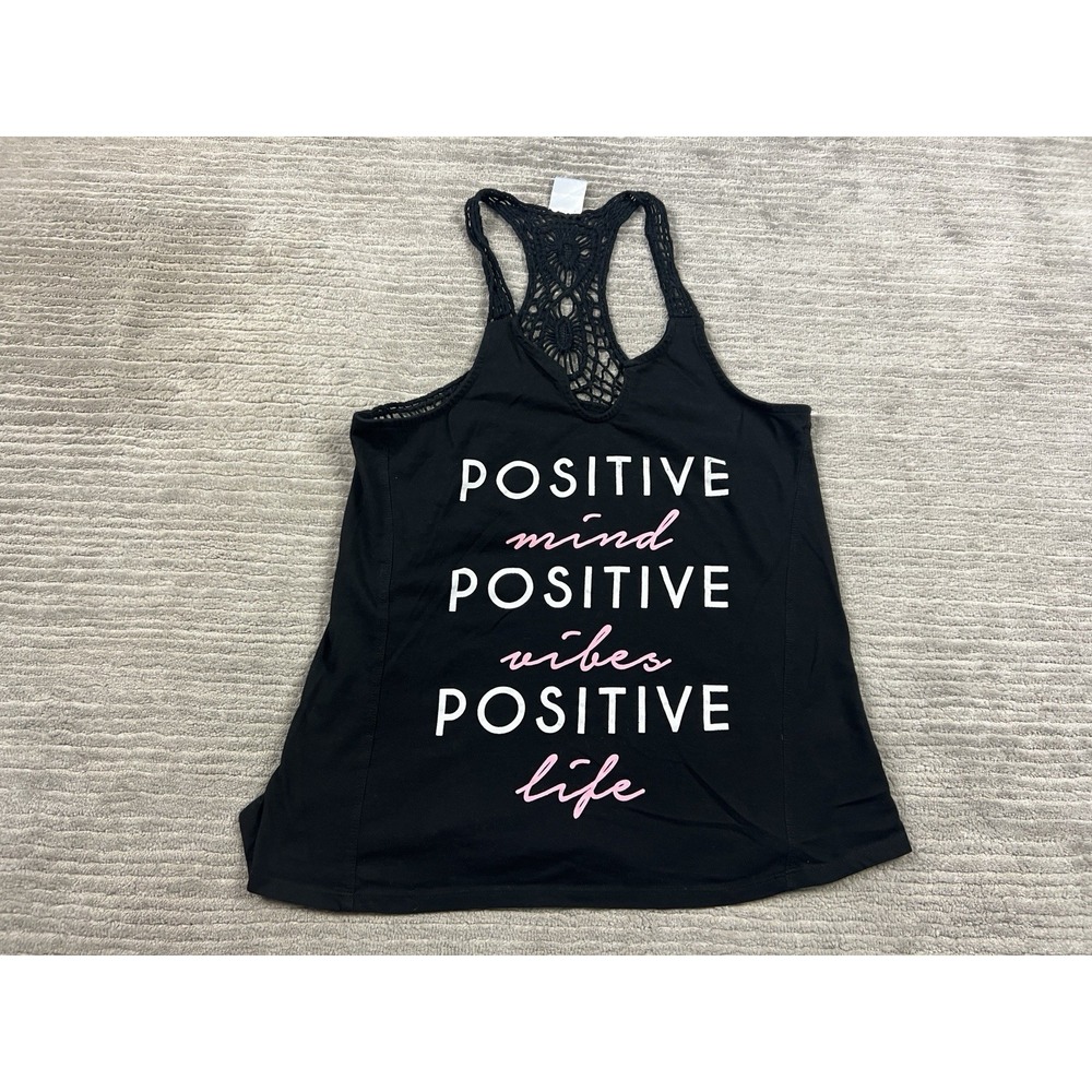 Freeze Tank Top Women Large Black Sleeveless Crochet Cotton Blend Positive Vibes
